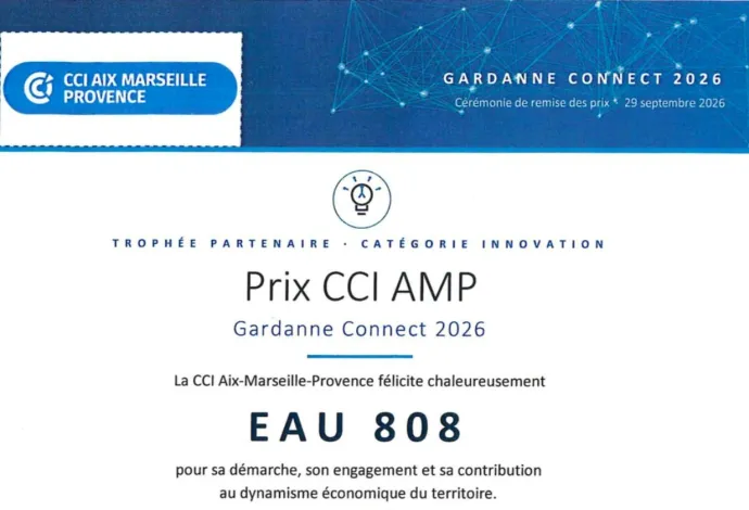 Diplôme du Prix CCI AMP Gardanne Connect 2026 remis à Eau 808, trophée partenaire catégorie Innovation