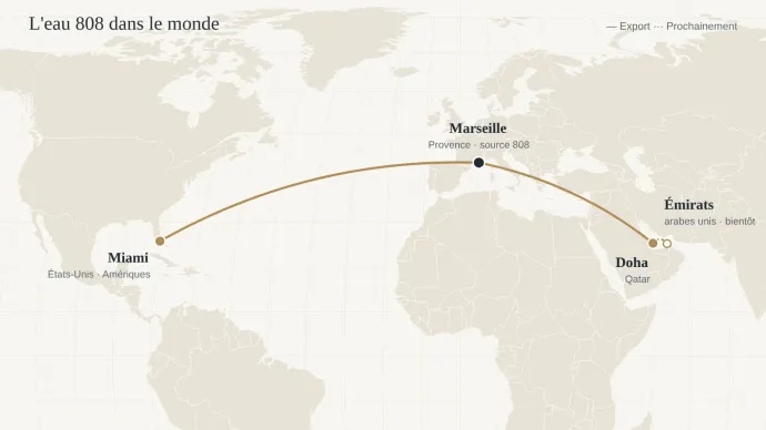 Carte de l'export de l'eau 808 : de Marseille à Miami et de Marseille à Doha, bientôt aux Émirats arabes unis